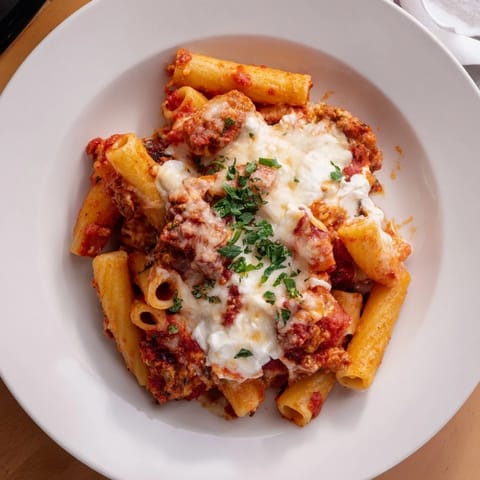 A cheesy close-up shows steaming One-Dish Baked Ziti, ready to be served for a delicious family meal.