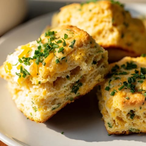A close-up of fluffy Golden Cheddar and Chive scones, baked to a perfect, savory golden hue.