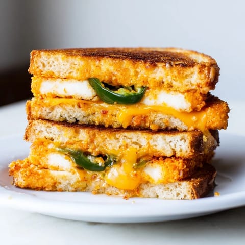 Crispy edges and melty cheese: a delicious Spicy Crispy Tofu Grilled Cheese ready to be enjoyed.