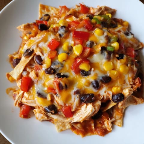 Golden, melted cheese blankets a flavorful chicken enchilada skillet with hearty veggies and chicken.