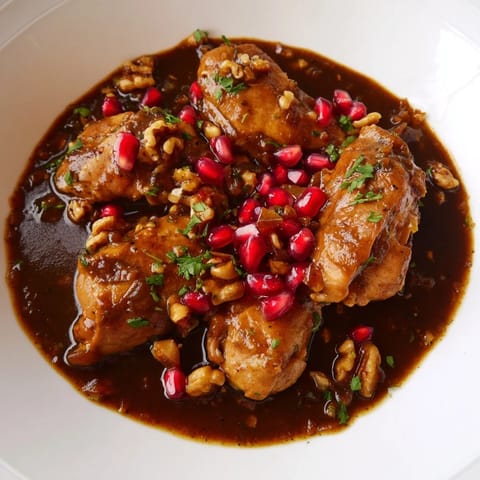 This stunning Fesenjan stew, with a glossy walnut sauce, is garnished with vibrant pomegranate.