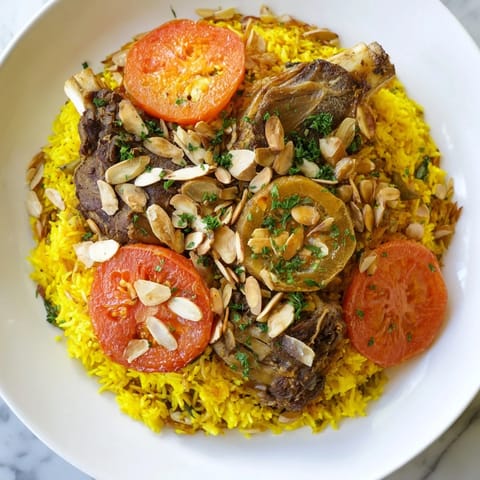 An artful presentation of Palestinian Maqluba, steaming hot with aromatic spices and a savory meat base.