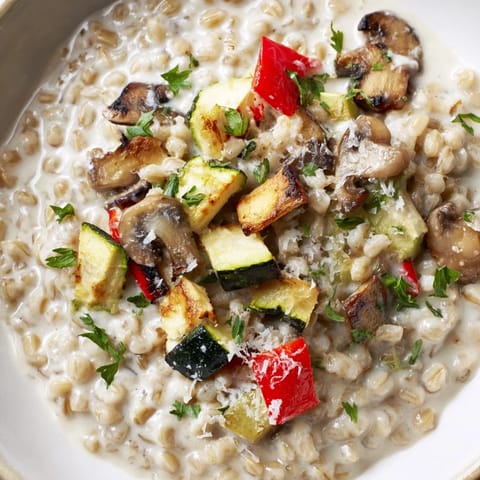 Creamy Pearled Barley Creamy Bowl served hot with colorful zucchini, peppers, tomatoes, and mushrooms.  