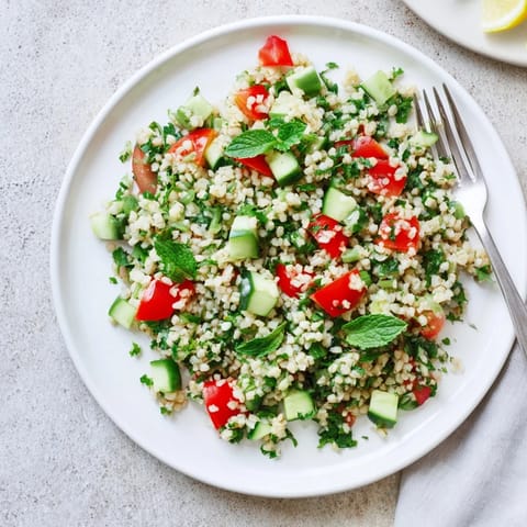 A generous bowl of homemade bulgur wheat salad tabbouleh, tossed with herbs and crisp veggies, served as a light Mediterranean side or main.