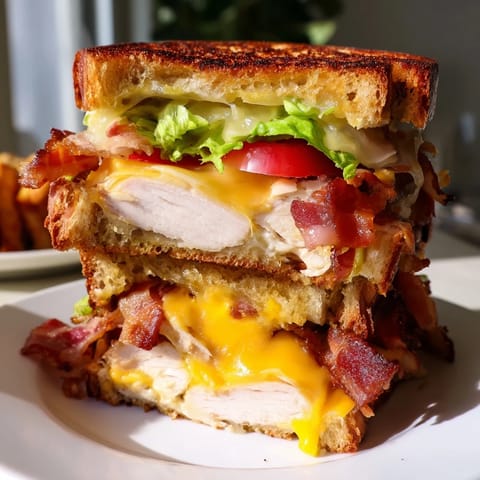 A close-up of a hot Turkey Club Grilled Cheese sandwich, oozing with cheese and pressed in a panini press.  