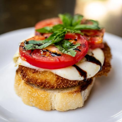 Crispy Chicken Caprese Sandwich served on ciabatta with ripe tomato slices, fresh basil, and a drizzle of balsamic glaze.