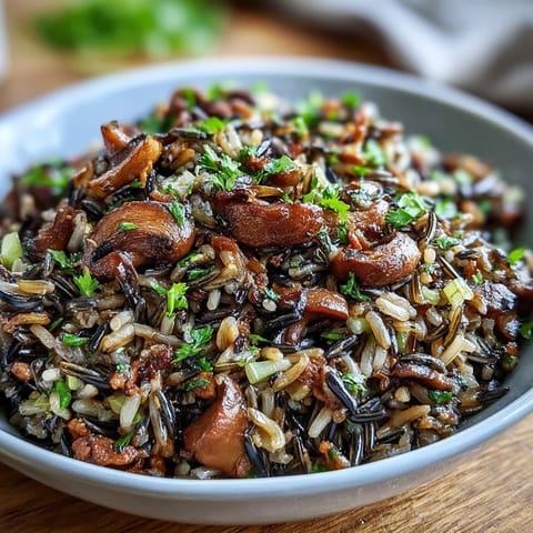 Freshly sautéed cremini mushrooms and savory herbs in this warm, nutty wild rice and mushroom pilaf ready for dinner.