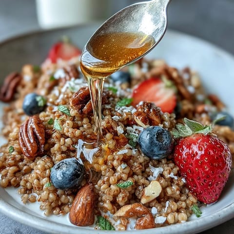 Golden buckwheat groats in a white bowl, garnished with fresh berries, walnuts, pecans, and a delicate maple syrup drizzle.  