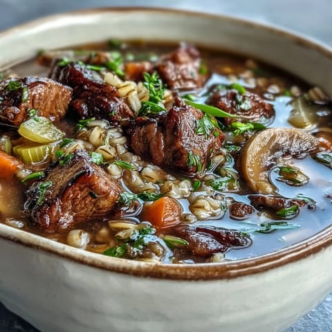 A close-up of a hearty ladle of Vegetable Beef, Barley, and Mushroom Soup poured over potatoes, with visible thyme and sliced cremini mushrooms.