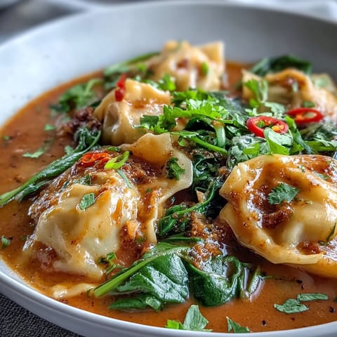 Vibrant Red Curry Wonton Soup With Greens simmers with snow peas and carrots, garnished with lime and cilantro for a quick, nourishing dinner. 