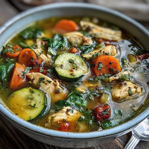 A spoon lifting a serving of golden Turmeric Chicken Soup, revealing tender chicken, carrots, and wilted spinach.