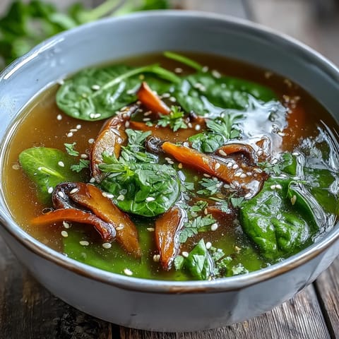 A close-up view of Miso Ginger Winter Soup featuring crisp green onions and toasted sesame seeds atop a savory broth.