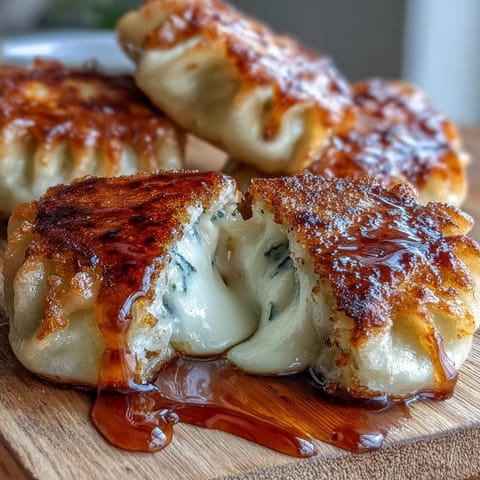 Melted mozzarella cheese oozes from a soft potato mochi, garnished with scallions for a savory Japanese snack.