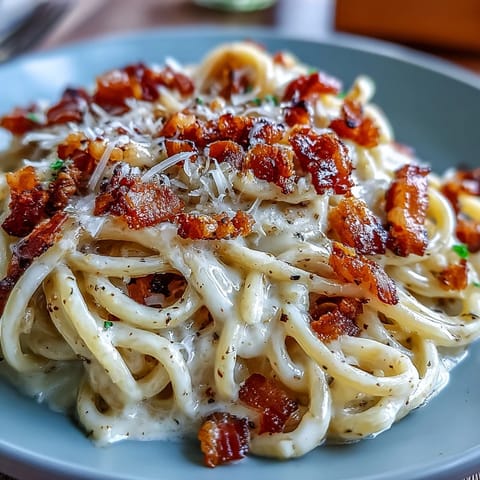 Fork twirling low-carb celeriac carbonara topped with grated Parmesan and cracked black pepper. 