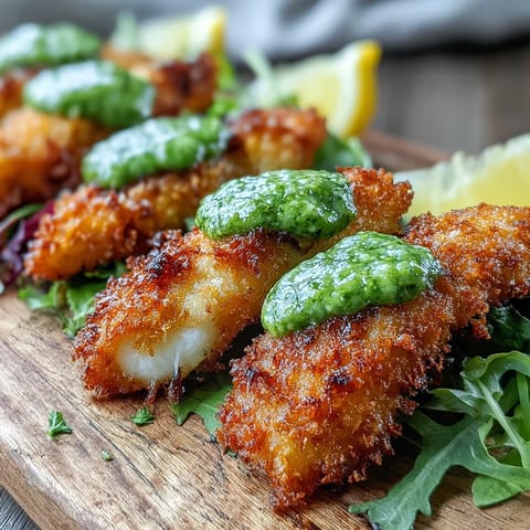 Golden-baked Haddock Goujons with Parmesan Crust sit beside bright green pea pesto, lemon wedges, and salad on a rustic board.