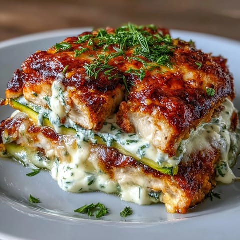 Golden-brown layers of High Protein Chicken Zucchini Bake with gooey melted mozzarella and Parmesan, served warm from the oven.