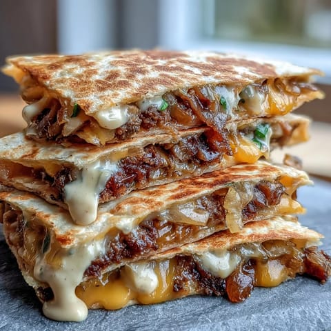 Golden-brown Cheesy Griddled Smashburger Quesadillas sit on a wooden board, sliced into wedges to reveal layers of melted cheddar, American cheese, and smashed beef patties.