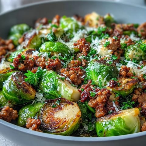 A close-up of the Brussels Sprouts & Ground Turkey Skillet reveals tender sprouts and juicy turkey coated in a bright, lemony pan sauce.