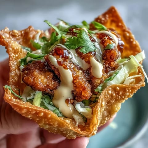 Crispy Chicken Wonton Tacos feature golden, crunchy shells filled with ginger-marinated chicken, fresh slaw, and creamy sriracha mayo drizzle.  