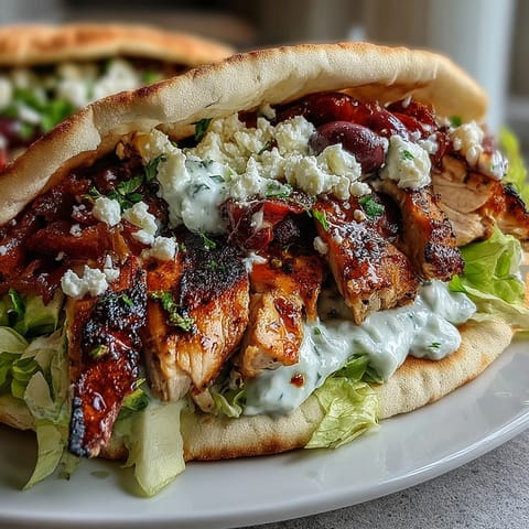 Sliced charred chicken thighs layered in a pita with cool tzatziki and fresh vegetables, ready to eat.
