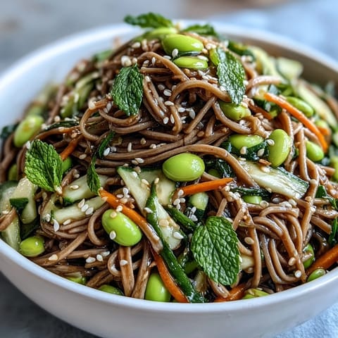 A single serving of Japanese Soba Noodle Bowl garnished with fresh mint and toasted sesame seeds.