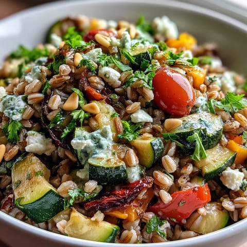 Colorful Mediterranean Farro Pasta Bowl topped with crumbled feta and fresh parsley on a rustic table.