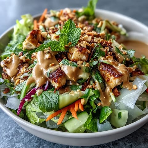 Vibrant deconstructed Rice Paper Roll Bowl with silky rice paper shards, crisp carrots, cucumbers, and creamy peanut sauce in a white bowl.