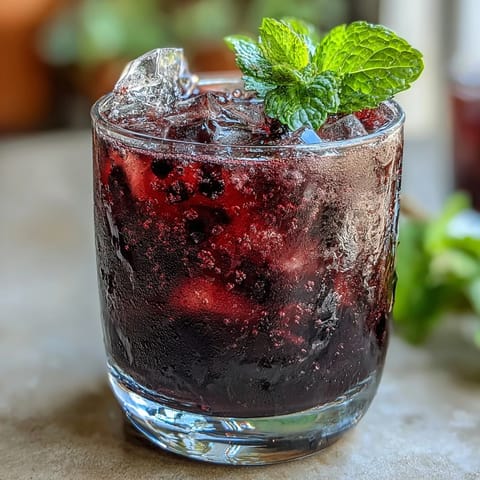 A chilled Black Currant Mojito topped with club soda and a lime wedge, ready to enjoy on a warm summer day.
