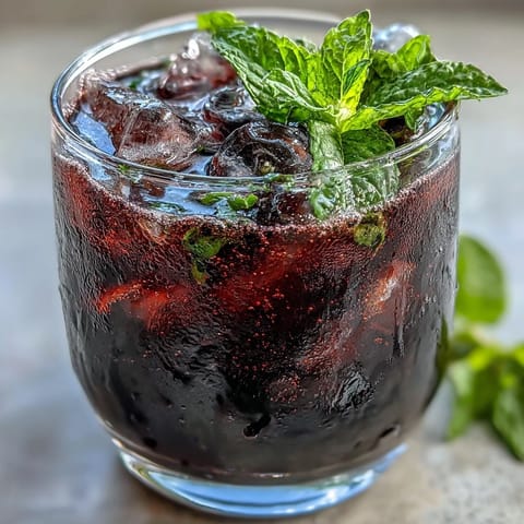 Close-up of a Black Currant Mojito in a glass filled with crushed ice, showcasing its deep purple hue and fresh mint garnish.