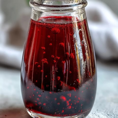 A glass bottle of homemade Blackcurrant Vodka Liqueur, filled with deep purple liquid, sits beside fresh berries and vodka. 