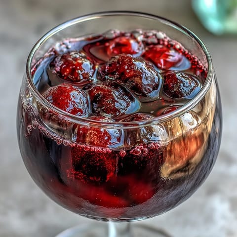 A close-up of homemade Black Currant Rum Liqueur in a glass bottle, showcasing its deep ruby color against a dark Caribbean-style backdrop.