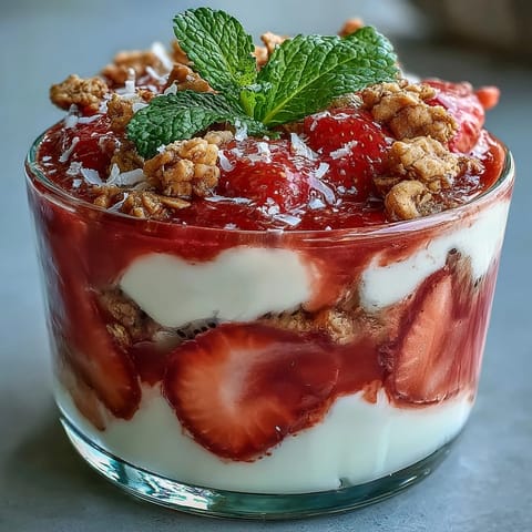 Clear glass jars display a layered Guava-Flavored Yogurt Parfait with creamy yogurt, pink guava jam, sliced strawberries, and crunchy granola. 