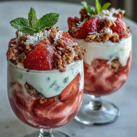 A spoon digs into a vibrant Guava-Flavored Yogurt Parfait topped with fresh kiwi, shredded coconut, and chopped mint for a tropical breakfast. 