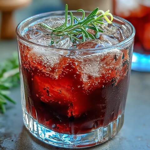 Frosted rocks glass filled with a Black Currant Rosemary Cocktail, garnished with fresh rosemary sprigs.