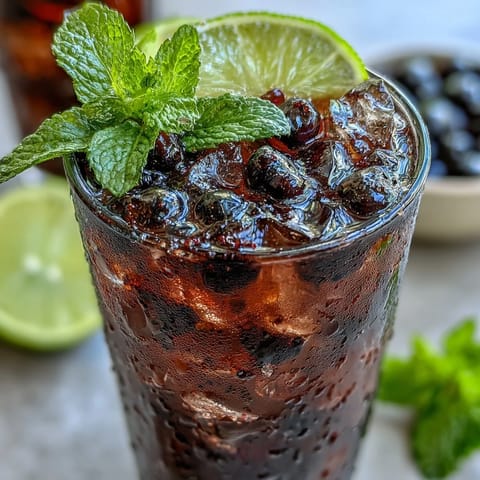 A chilled Black Currant Mojito recipe featuring muddled mint, lime wedges, and vibrant black currant jam stirred into white rum and soda water.
