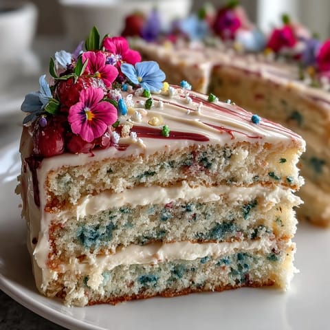Bright and cheerful mini layer cakes featuring vanilla and lemon, topped with creamy buttercream and colorful edible spring flowers for a festive birthday treat.