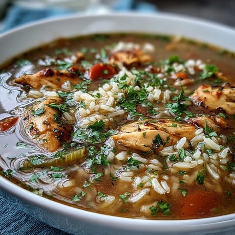 Warm bowl of Easy Chicken Run One-Pot Chicken and Rice Soup with tender chicken, vegetables, and rice in savory broth.