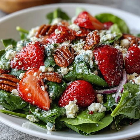 Fresh strawberry spinach salad with poppyseed dressing, bursting with sweet berries, creamy feta, and crunchy nuts for a vibrant spring dish.