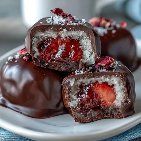 Dubai-Style Strawberry Truffles with Dark Chocolate Shell, elegantly coated in glossy dark chocolate and garnished with crushed pistachios.