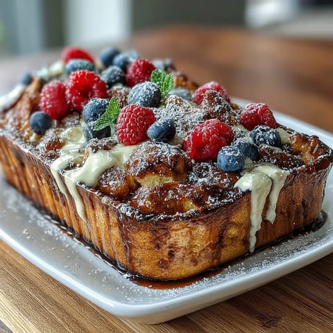 Warm Mothers Day brunch pancake casserole with fresh berries, custard, and a golden brown top, served family-style.
