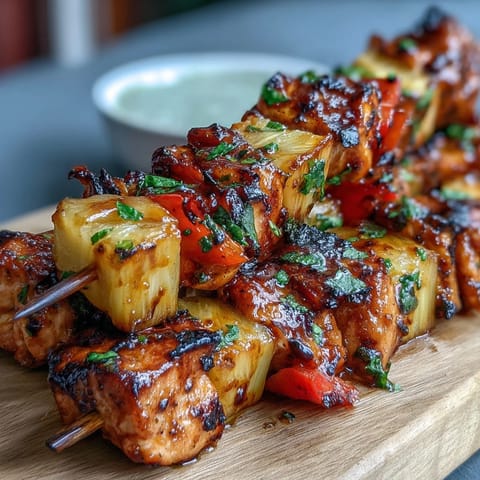Juicy Grilled Pineapple Chicken Skewers with caramelized pineapple and tender chicken, perfect for summer cookouts.  