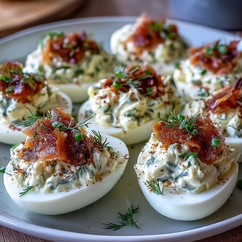 Smoked salmon deviled eggs topped with everything bagel seasoning for a savory brunch appetizer.  