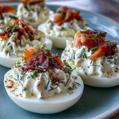 Creamy deviled eggs with smoked salmon and chives, finished with everything seasoning for a flavorful bite.  