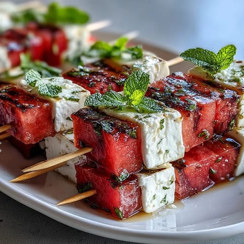 Juicy watermelon cubes and creamy feta cheese skewered with fresh mint leaves for a refreshing summer appetizer.