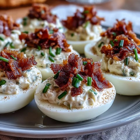 Crispy bacon and creamy ranch dressing elevate classic deviled eggs in this irresistible appetizer.  
