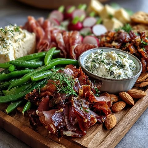 Fresh spring charcuterie board with radishes, peas, and herb dip, perfect for outdoor gatherings.  