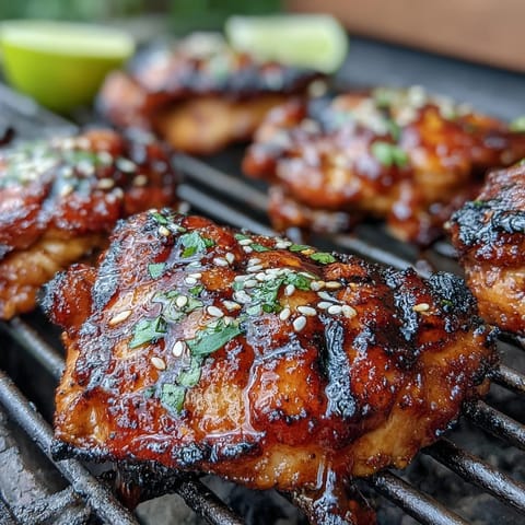 Honey Sriracha Grilled Chicken Thighs sizzling on the grill with a glossy, caramelized glaze and vibrant cilantro garnish.