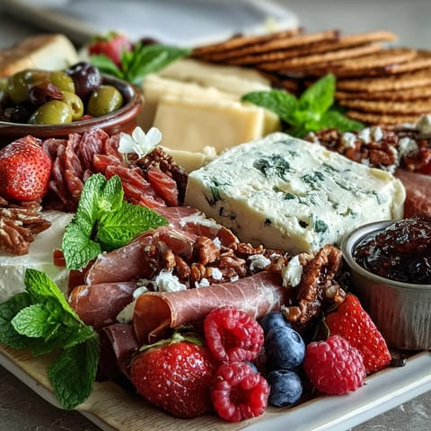 Spring charcuterie board with edible flowers and fruits arranged in a colorful, elegant spread for spring entertaining.  