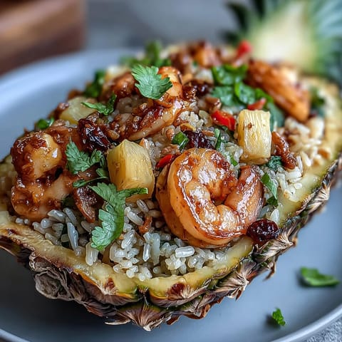 Vibrant pineapple fried rice, bursting with flavor and colorful vegetables, served in its own pineapple boat.
