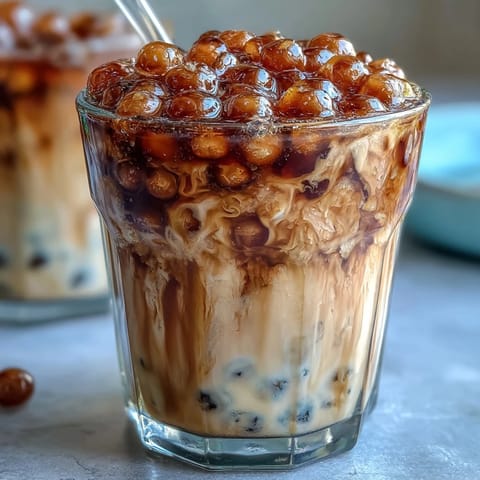 Rich brown sugar boba milk tea with chewy pearls and syrupy swirl.